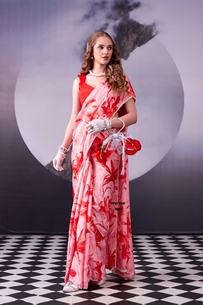 Pink and Red Floral Print Satin Silk Saree